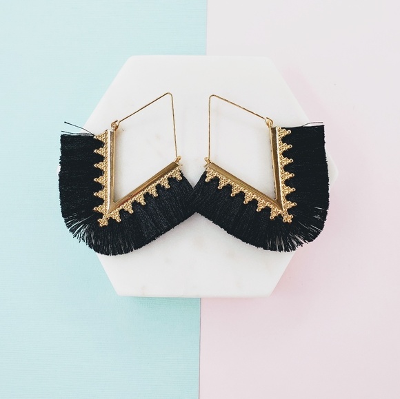 5 for $25 Black Triangle Fringe Tassel Earrings - Picture 6 of 7